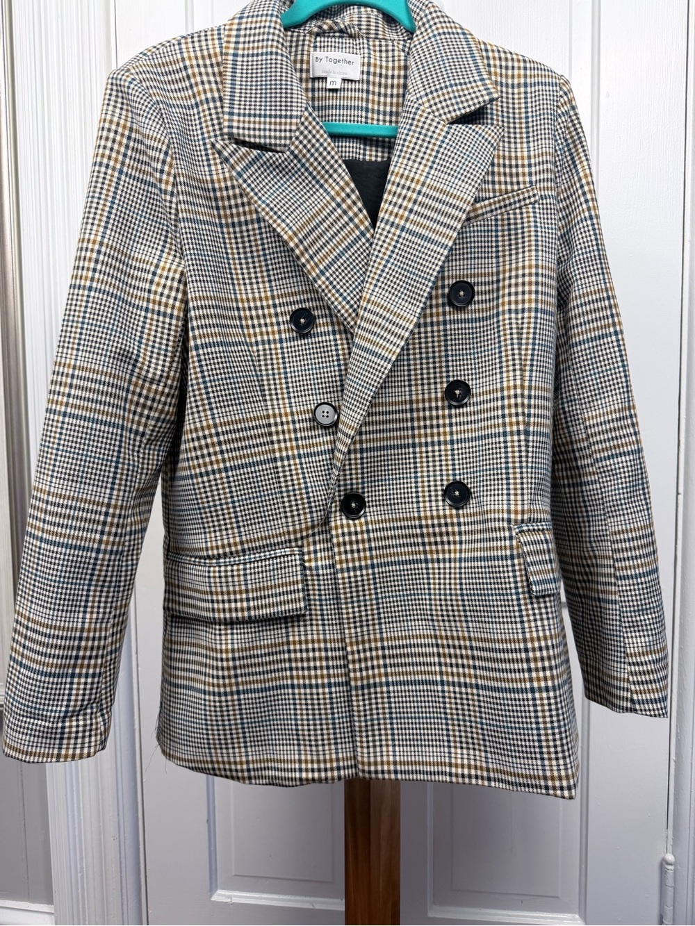 By Together Plaid Blazer in Black, White & Tan with Teal Trim